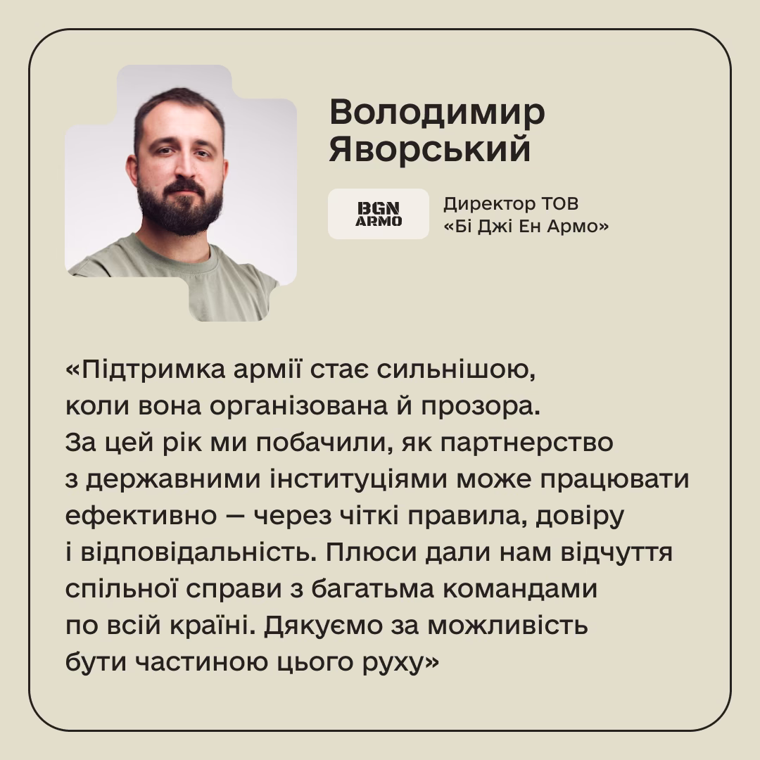 Володимир Яворський, Директор ТОВ «Бі Джі Ен Армо»: «Підтримка армії стає сильнішою, коли вона організована й прозора. За цей рік ми побачили, як партнерство з державними інституціями може працювати ефективно — через чіткі правила, довіру і відповідальність. Плюси дали нам відчуття спільної справи з багатьма командами по всій країні. Дякуємо за можливість бути частиною цього руху»