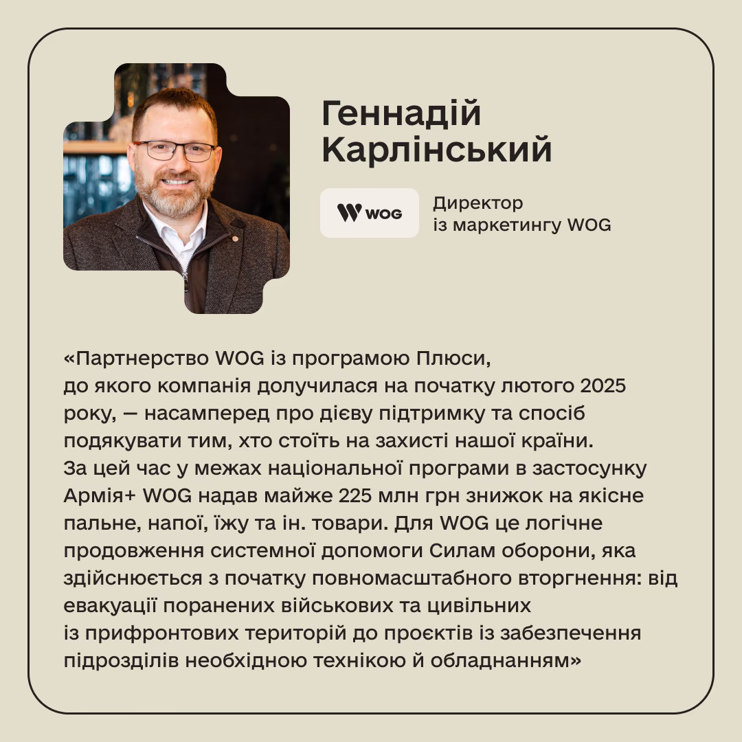 Геннадій Карлінський, Директор із маркетингу WOG: «Партнерство WOG із програмою Плюси, до якого компанія долучилася на початку лютого 2025 року, — насамперед про дієву підтримку та спосіб подякувати тим, хто стоїть на захисті нашої країни. За цей час у межах національної програми в застосунку Армія+ WOG надав майже 225 млн грн знижок на якісне пальне, напої, їжу та ін. товари. Для WOG це логічне продовження системної допомоги Силам оборони, яка здійснюється з початку повномасштабного вторгнення: від евакуації поранених військових та цивільних із прифронтових територій до проєктів із забезпечення підрозділів необхідною технікою й обладнанням»